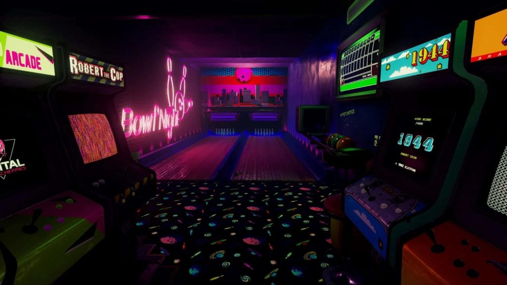 Retro gaming room with neon lights bowling alley arcade machines 1944 Robert the Cop Wallpaper
