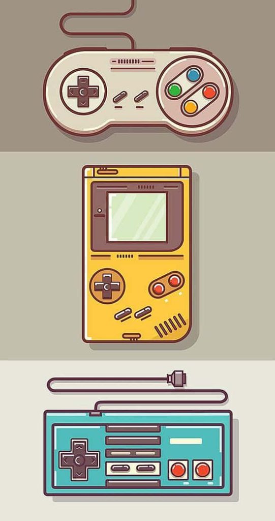 Nostalgic retro gaming wallpaper with SNES controller yellow Game Boy and NES controller vector art
