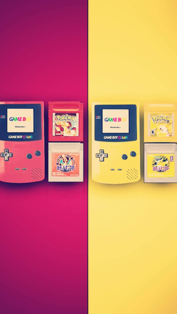 Retro gaming wallpaper with berry and dandelion Game Boy Color and Pokémon cartridges split design