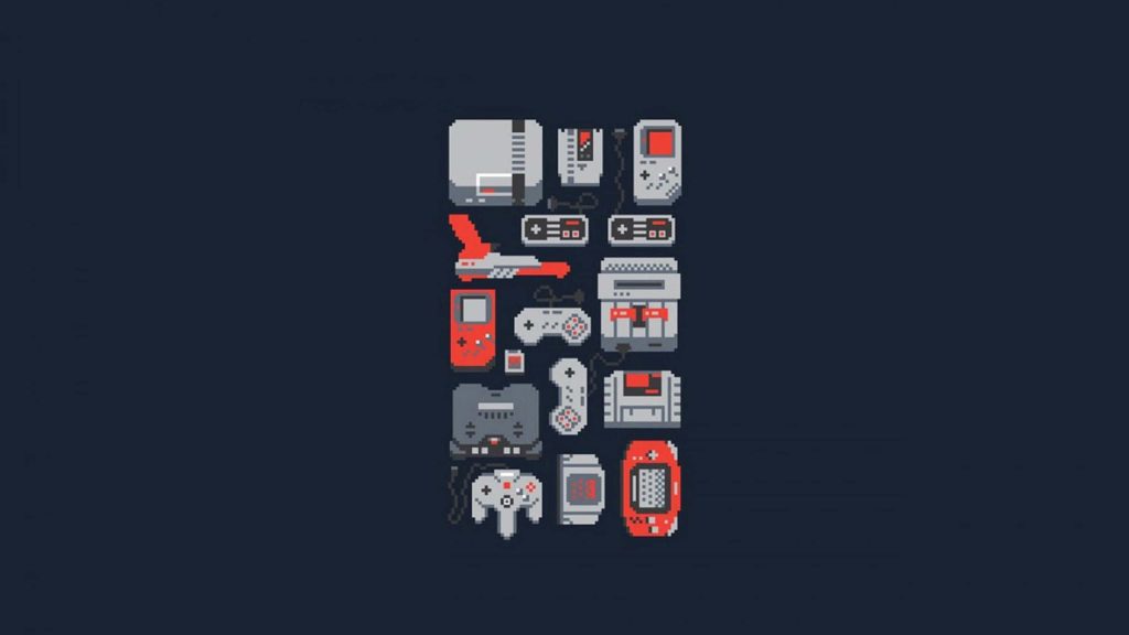 Retro gaming wallpaper with pixel art NES SNES Game Boy and N64 controller on dark background