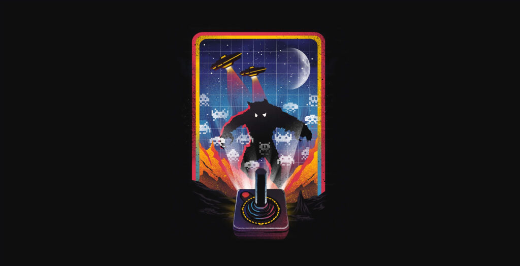 Retro Gaming Wallpaper: Vibrant Pixel Art with Joystick & Aliens