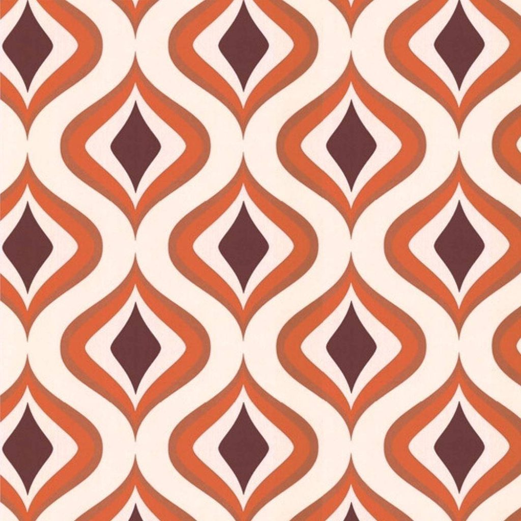 Retro geometric wallpaper with rounded diamonds in 1970s cream orange and brown vintage design