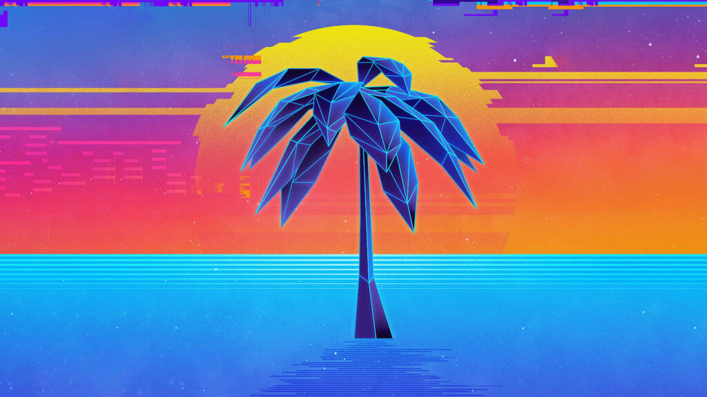 Geometric Palm Tree Wallpaper: Neon Sunset Retro Digital Art