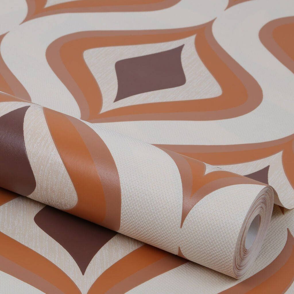 Geometric tan wallpaper with retro abstract curves in warm brown and cream tones textured design