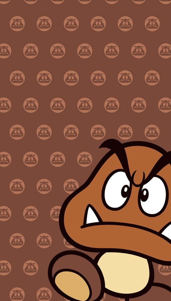Retro Goomba wallpaper with bold earthy brown tones and large Super Mario enemy foreground