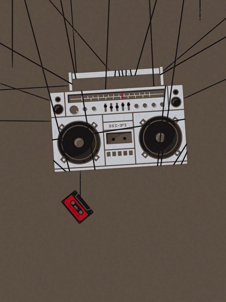 Gray boombox and vintage cassette wallpaper retro music theme minimalistic urban audio design