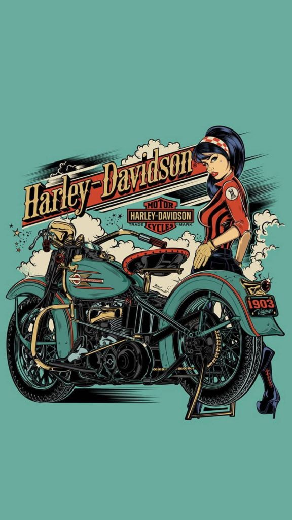 Retro teal Harley-Davidson motorcycle with pin-up woman and vintage 1903 branding wallpaper