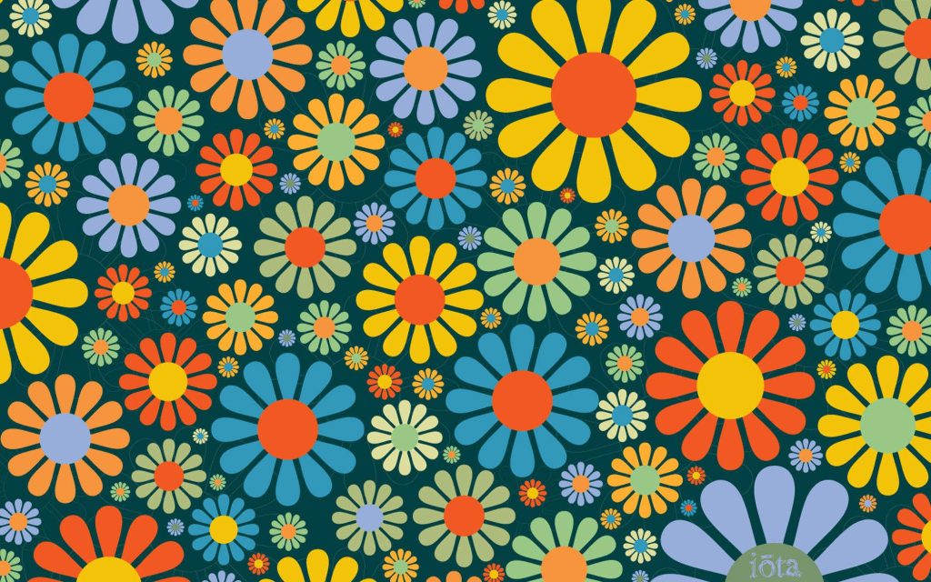 Hippie flower digital wallpaper with vibrant retro daisies in yellow orange blue green on teal background