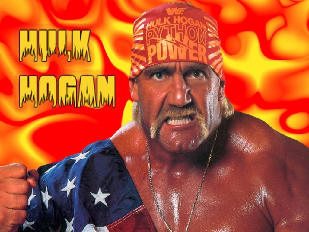 Hulk Hogan retro wallpaper with Python Power bandana and American flag towel fiery background