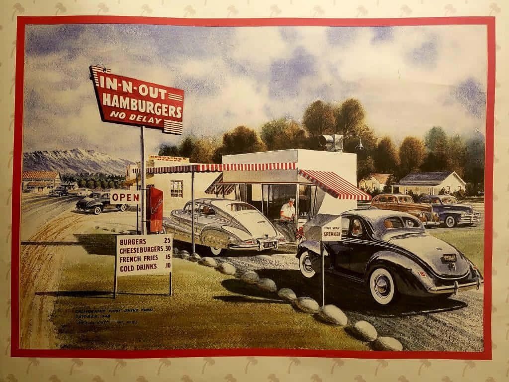 Retro In-N-Out Burger wallpaper with vintage cars classic 1948 California drive-thru illustration