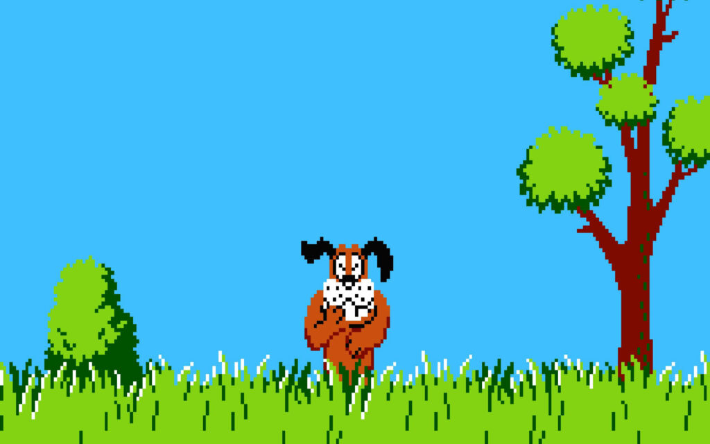 Retro 8-bit Laughing Dog Duck Hunt pixel art in green grass vintage video game wallpaper background