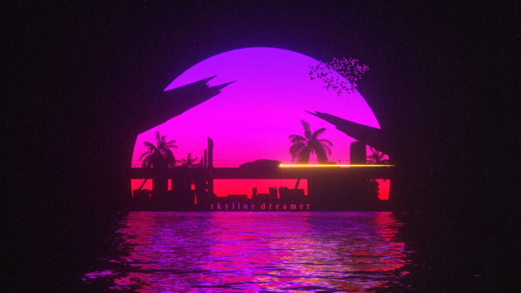 Sunset Serenade: The Retro Style Auto Bridge over Water with Music Machine in HD Wallpaper