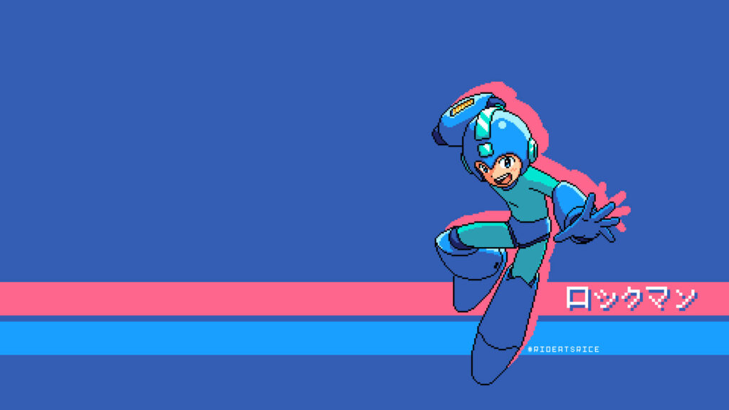 Retro Mega Man Pixel Art Wallpaper with Vibrant Blue Background