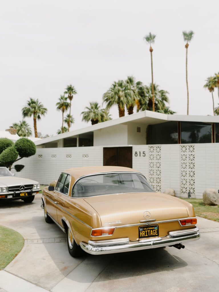 Elegant Brown Retro Mercedes in Mid-Century Modern Palm Setting Wallpaper