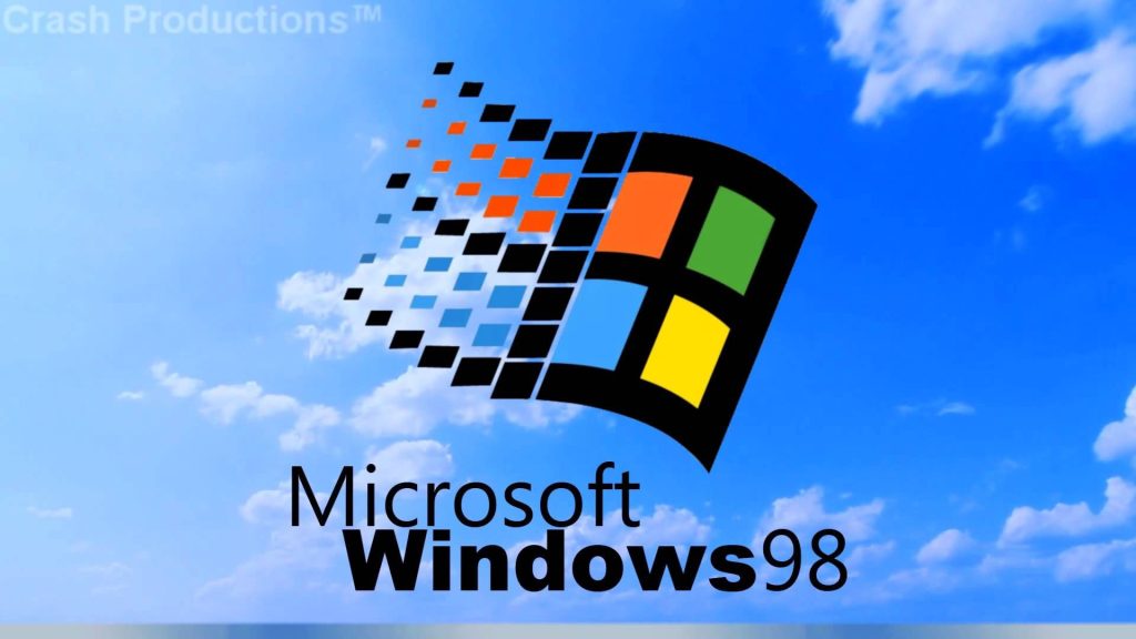 Retro Windows 98 logo wallpaper with classic branding bright blue sky and clouds background