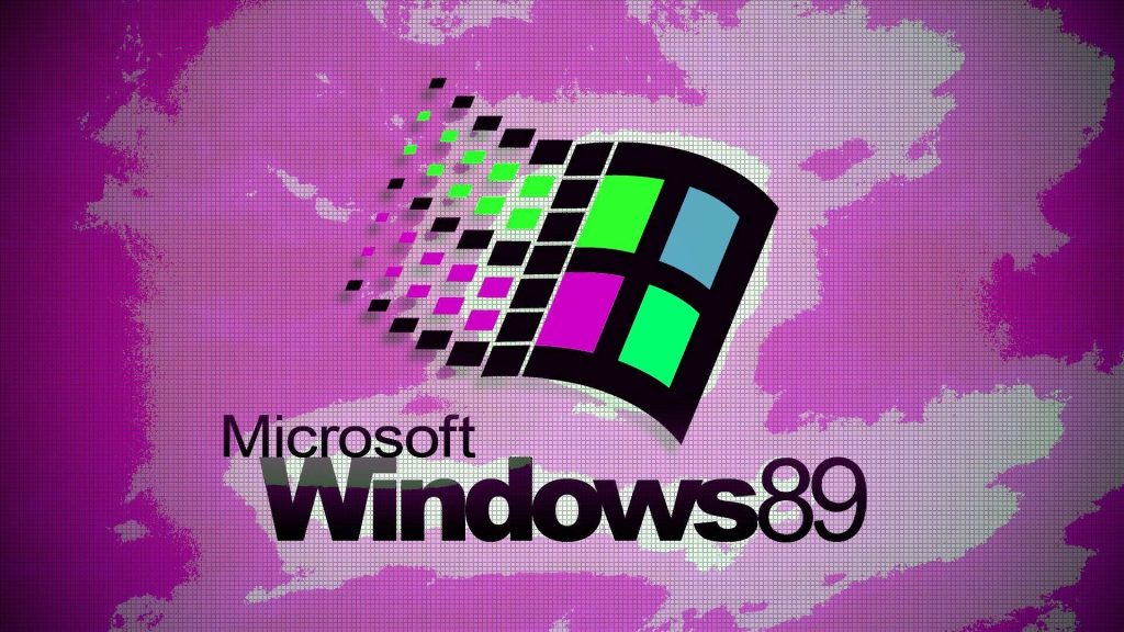 Retro digital wallpaper with stylized Windows89 logo and pixel trail on vibrant magenta background