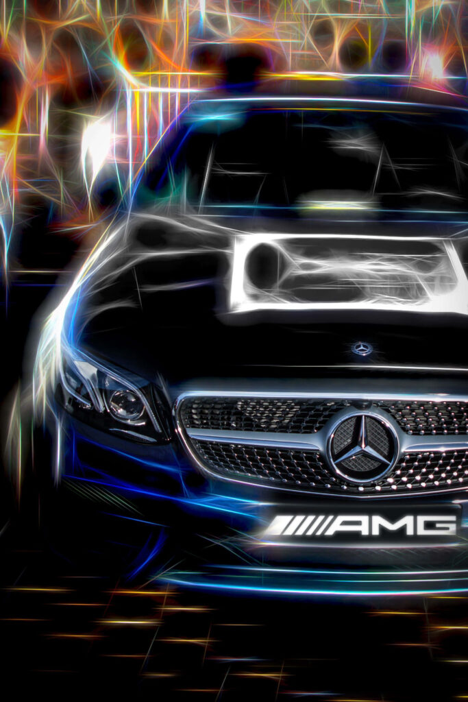 Stylized Mercedes AMG classic iPhone wallpaper with retro neon glow and vibrant light effects