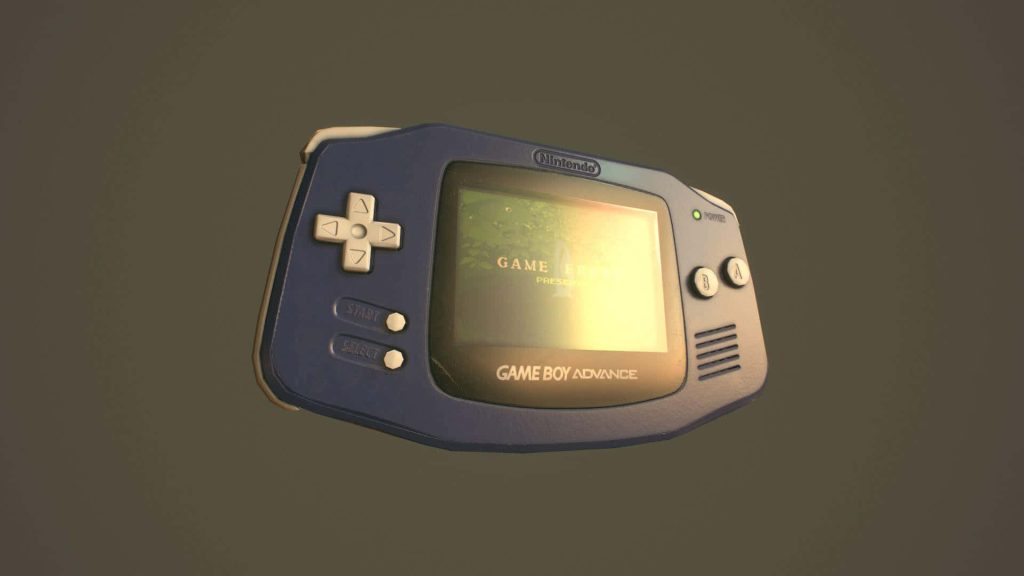 3D CGI wallpaper of blue Nintendo Game Boy Advance with Game Freak startup screen retro design
