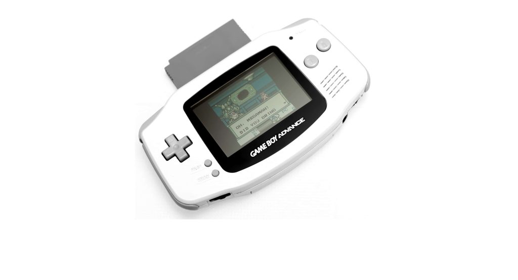 White Nintendo Game Boy Advance with grey cartridge showing retro Mega Man gameplay screen Wallpaper