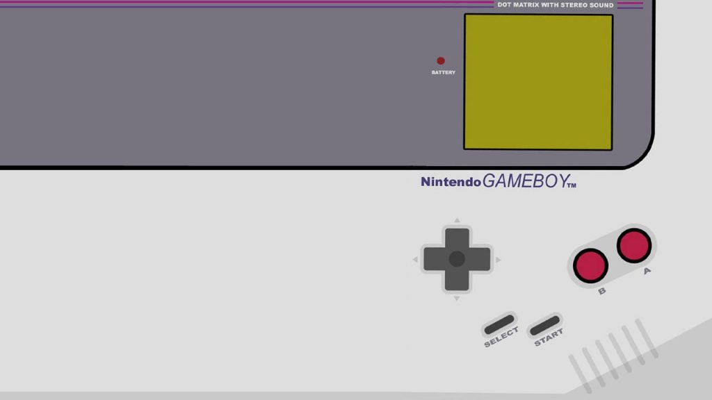 Minimalist digital illustration of iconic grey Nintendo Game Boy with colorful buttons and yellow screen Wallpaper