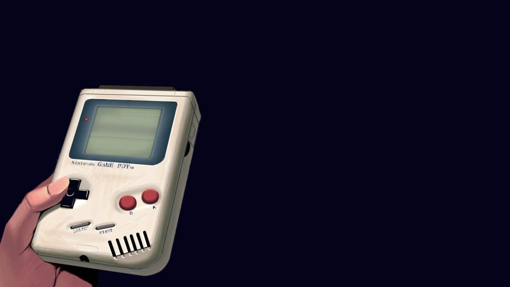 Retro Nintendo Game Boy held in hand with authentic wear on dark navy minimalist background Wallpaper