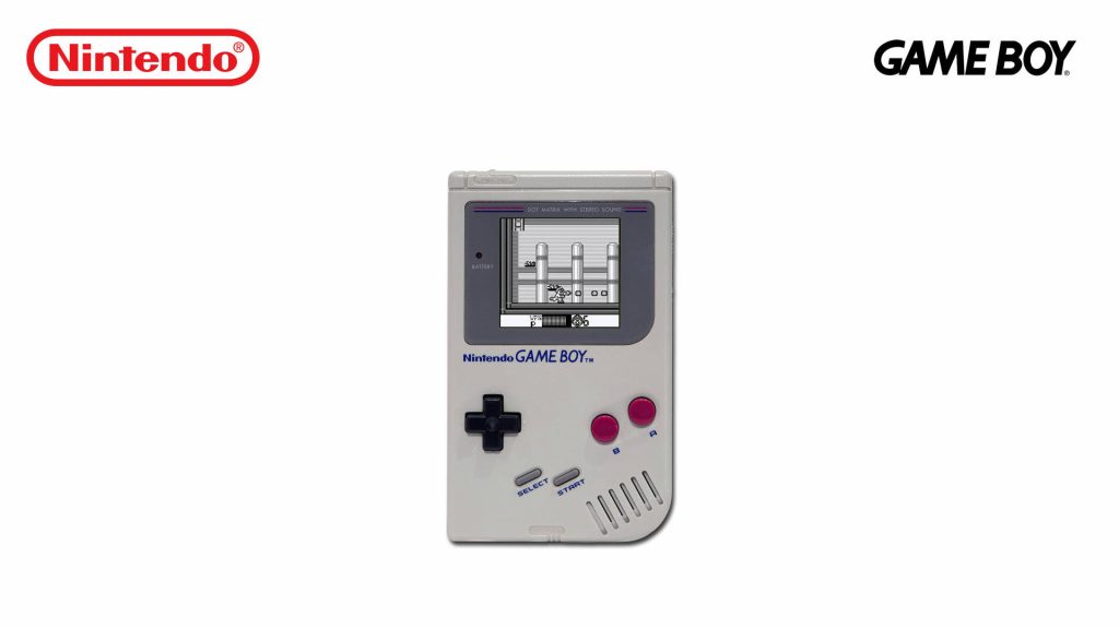 Classic Nintendo Game Boy with pixelated Mega Man on screen retro 8-bit gaming wallpaper background