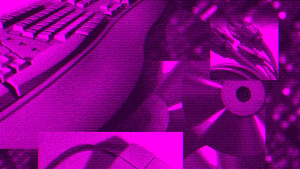 Retro PC hardware wallpaper with mechanical keyboard cables and storage media in magenta halftone