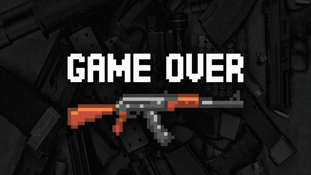 Dark retro pixel art AK rifle with game over text on gritty tactical firearms wallpaper background