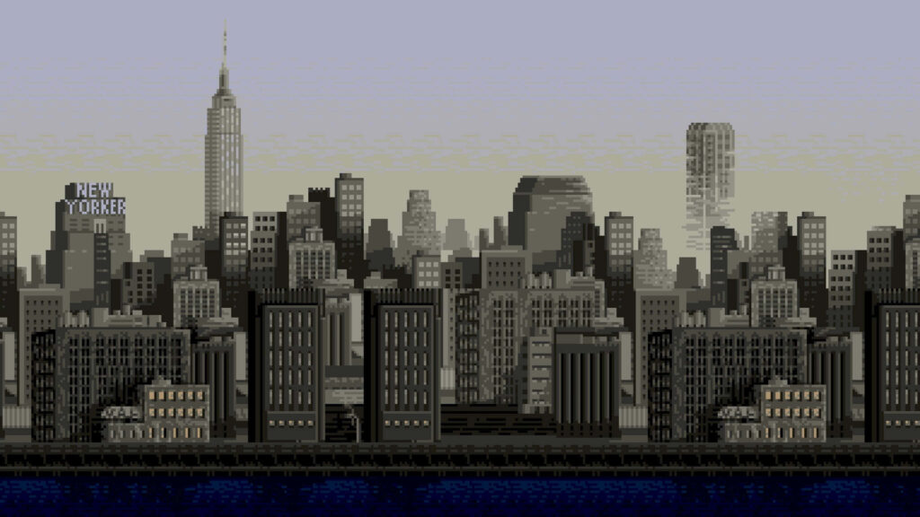 Retro Pixel Art Cityscape Wallpaper: Detailed Buildings & Calm Waterfront