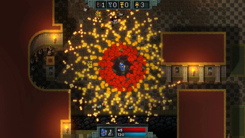 Retro pixel art Hammerwatch wizard casting fiery spell in torchlit dungeon crawler scene wallpaper