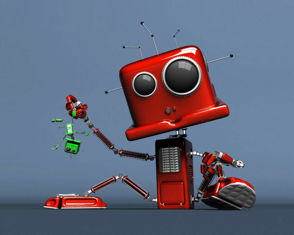 Retro Red Toy Robot with Green Bug in Blue Background Wallpaper