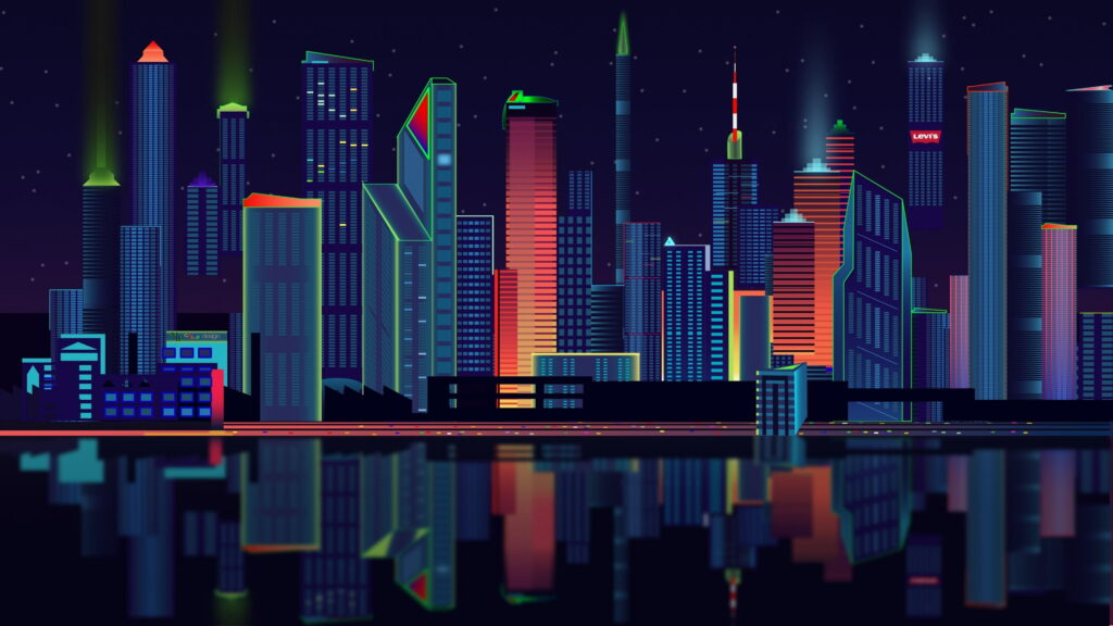 City Nightscape: Tower Blocks in Retro Reflections against the Night Sky - 4K Wallpaper