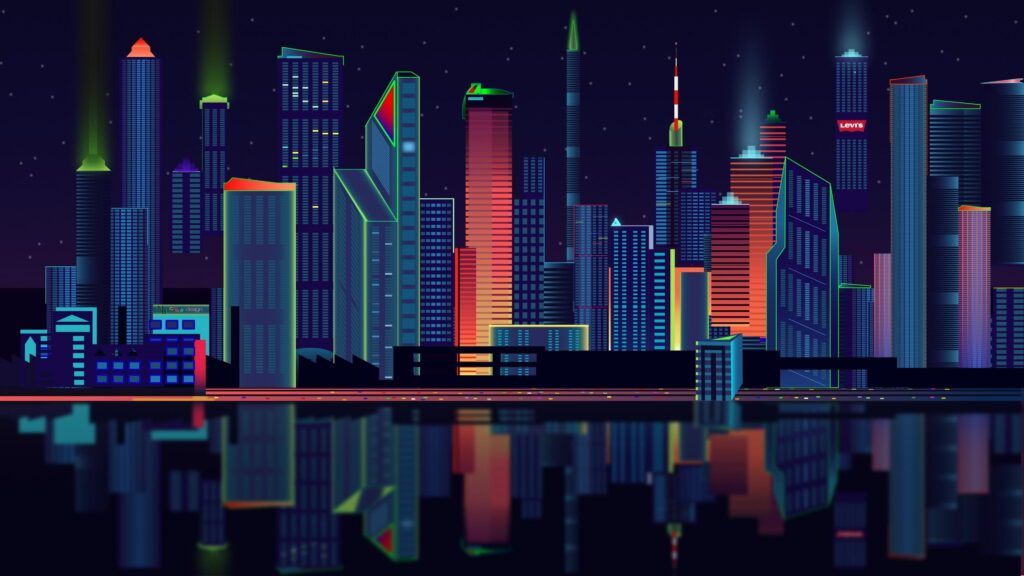Neon-lit retro futuristic city skyline 4K digital art wallpaper with Levi’s logo and water reflections