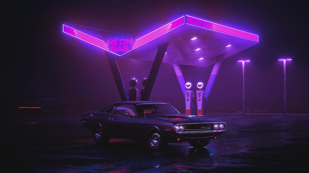 Purple Hued Filling Station: Vintage Wheels Set Against Radiant Neon Brilliance Wallpaper