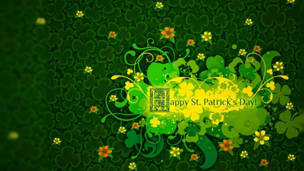 Retro Saint Patrick’s Day wallpaper with vibrant green shamrocks yellow flowers and festive greeting