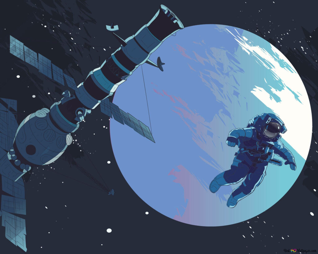 Retro Space Wallpaper: Astronaut Near ISS with Earth Background
