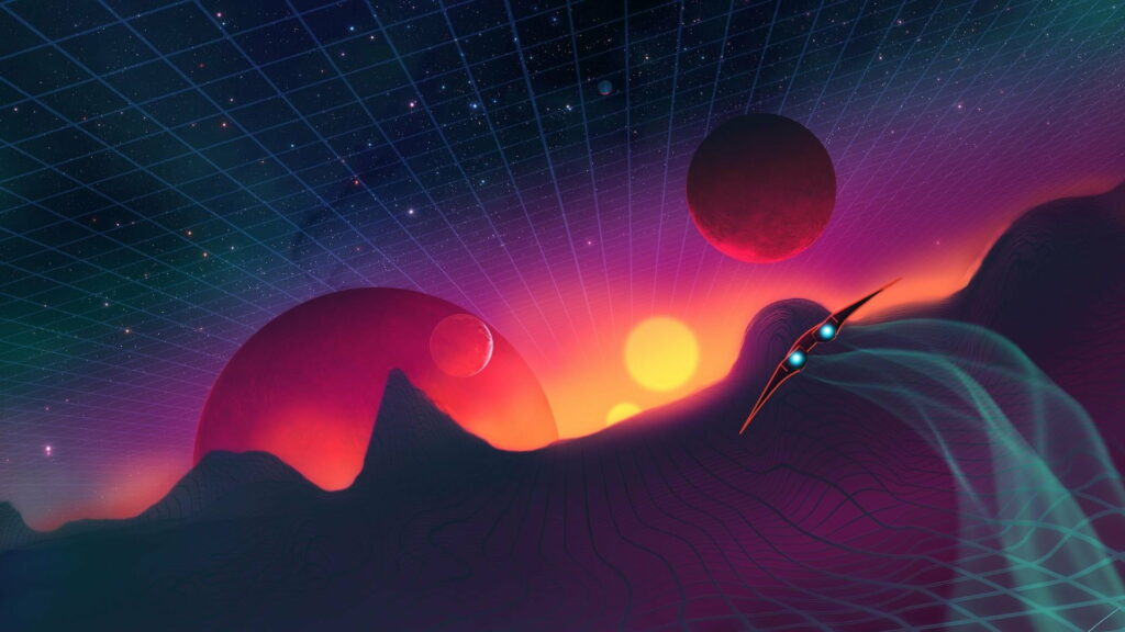 Vibrant 80s synthwave spaceship over glowing wireframe alien terrain under starry grid sky Wallpaper