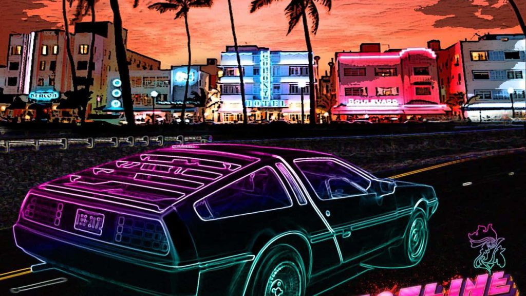 Retro-futuristic 80s synthwave DeLorean cruising Miami Beach Art Deco neon sunset wallpaper