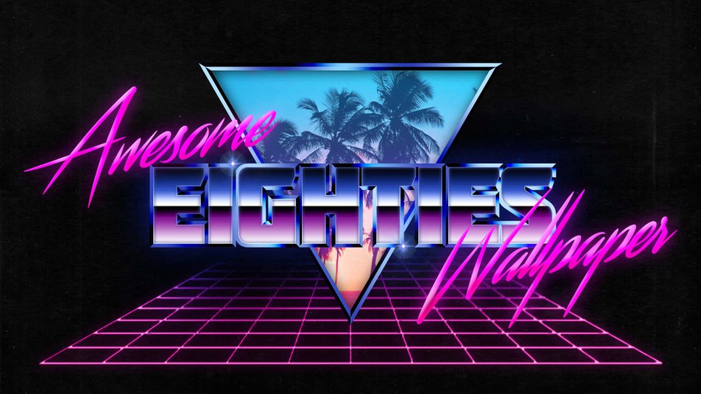Synthwave wallpaper with chrome eighties text neon pink script palm trees glowing triangle grid