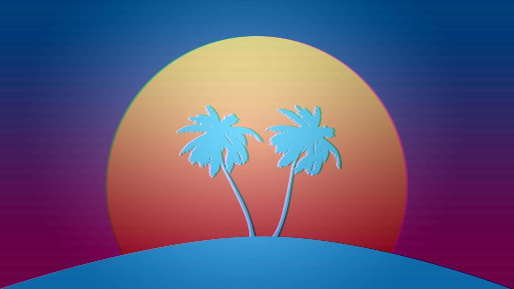 Retro synthwave wallpaper with cyan palm trees and glowing sunset vibrant orange purple gradient