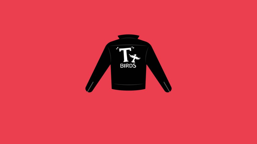 Minimalist vector art of Grease T-Birds leather jacket logo on sleek black jacket with red background Wallpaper