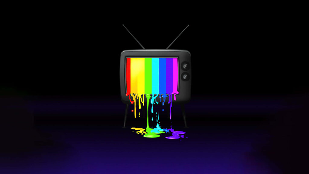 Retro TV Meltdown: Vibrant Rainbow Bars Cascade on a Mysterious Abyss Wallpaper