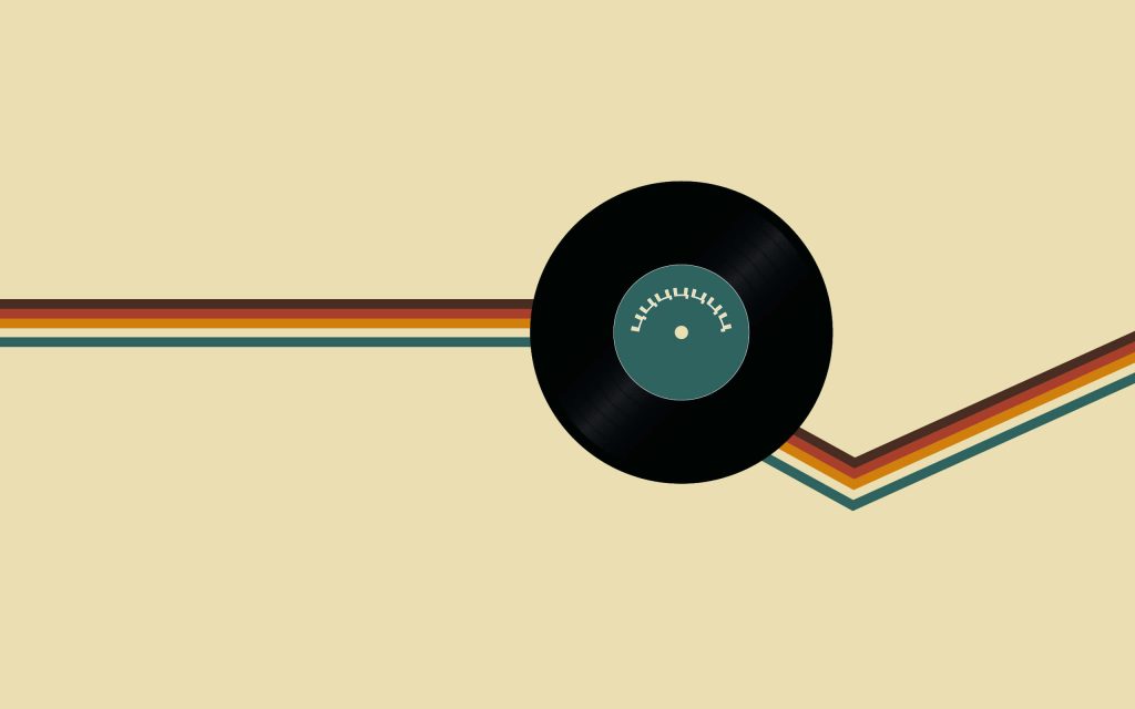 Minimalist vinyl record wallpaper with retro orange brown teal stripes on pastel beige background
