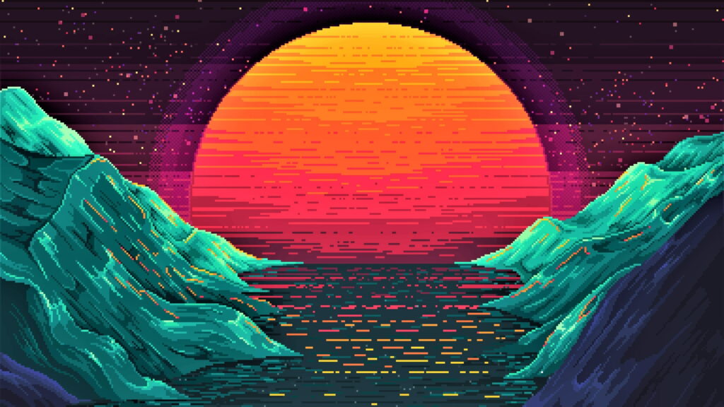 4K pixel art synthwave landscape with glowing orange sun reflecting on water and teal mountains Wallpaper