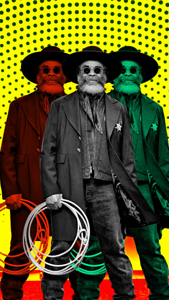 Pop art wallpaper of old Western sheriff with badge and lasso retro comic book style background
