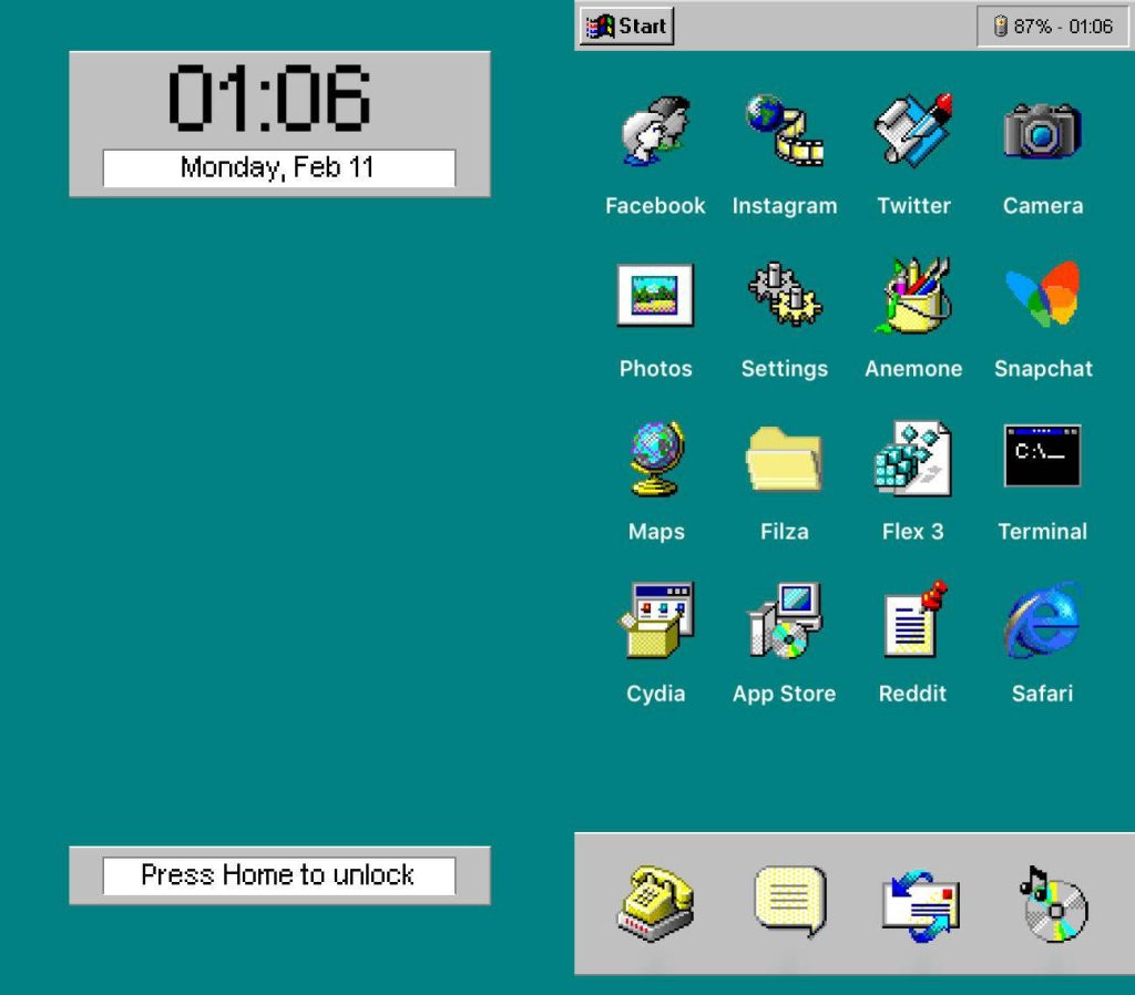 Smartphone interface with Windows 95 retro teal background pixel icons and vintage Start menu design Wallpaper