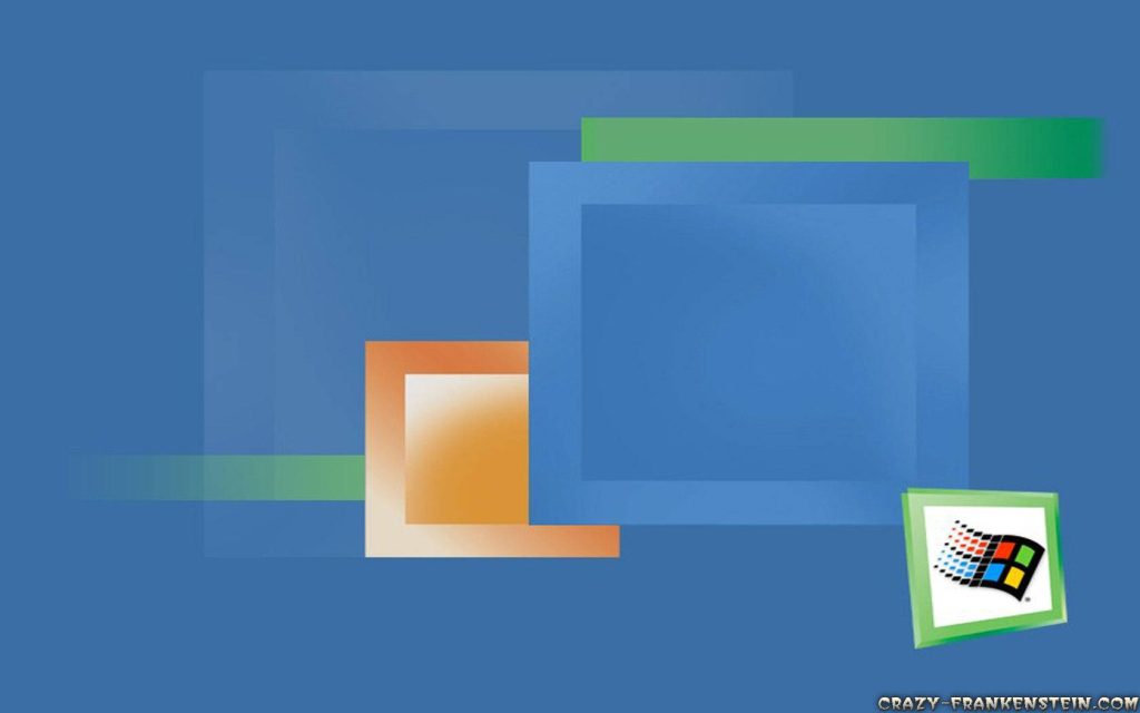 Retro Windows 95 wallpaper with abstract blue green orange shapes and iconic logo background