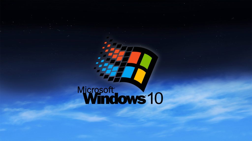 Retro Windows 95 logo above modern Windows 10 branding on starry sky to blue clouds background Wallpaper