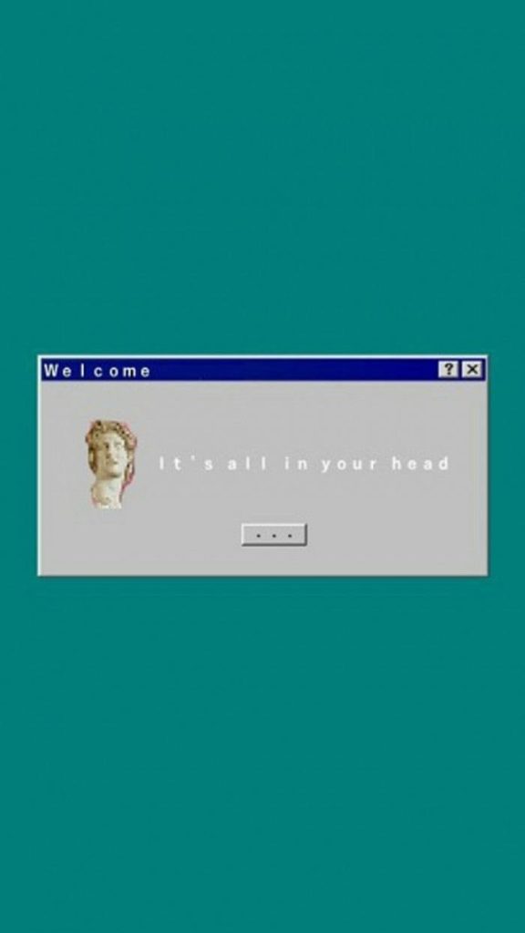 Retro Windows 98 dialog box with minimalist Michelangelo's David and surreal text on teal Wallpaper