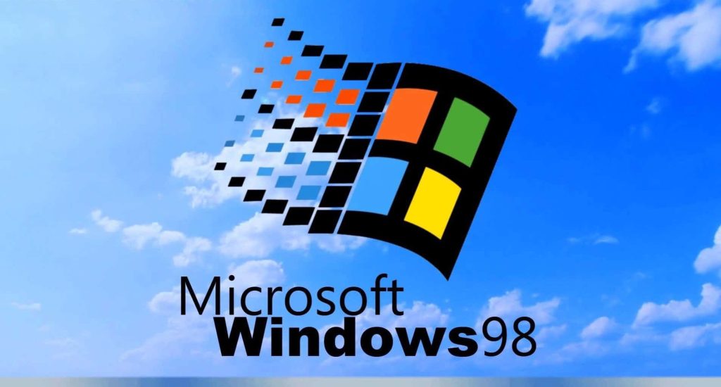 Windows 98 wallpaper with classic scattered Windows logo and bright blue sky vintage background